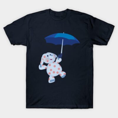 Navy blue t-shirt with playful polka dot dog design holding a blue umbrella, casual wear, cotton material.