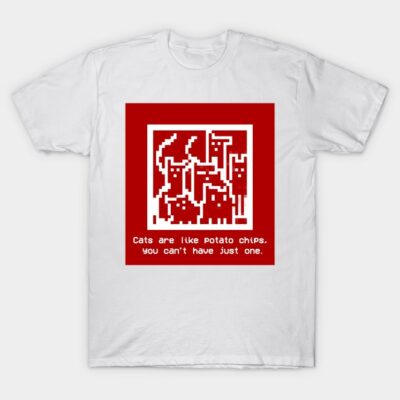 White T-shirt with red pixel art cat design and playful text, perfect for casual wear and cat lovers.
