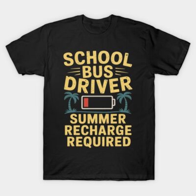 Black t-shirt with "School Bus Driver Summer Recharge Required" text and palm tree graphic, casual wear.