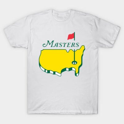 White T-shirt with yellow and green Masters golf logo, featuring a red flag, casual wear, cotton material.