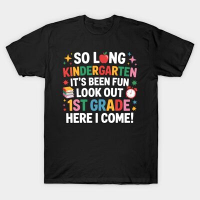 Black "So Long Kindergarten" t-shirt, colorful text, fun design, perfect for kids transitioning to 1st grade.