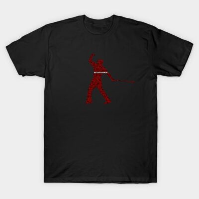 Black graphic T-shirt with red silhouette design, featuring a baseball player. Casual style, 100% cotton, unisex.