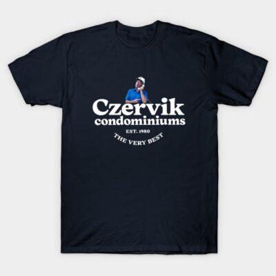 Navy blue T-shirt with "Czervik Condominiums" text and graphic, casual style, perfect for everyday wear.
