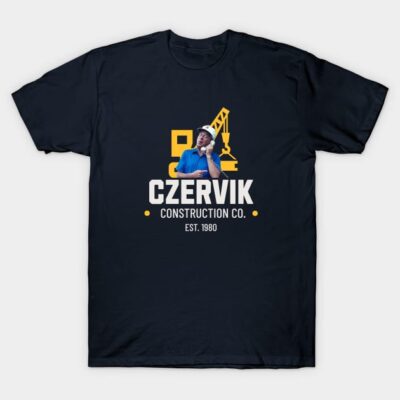 Navy blue graphic t-shirt with "Czervik Construction Co." logo, construction theme, casual cotton wear.