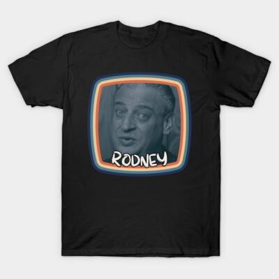Black cotton t-shirt with retro TV design and "Rodney" text, casual wear, unisex style for everyday use.