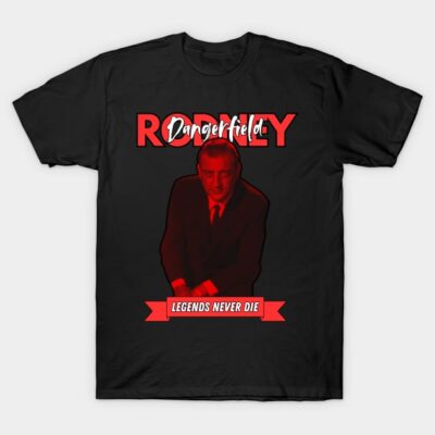 Black graphic t-shirt with red text and illustration, featuring "Legends Never Die" slogan, casual wear.