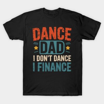 Black "Dance Dad" graphic t-shirt, colorful text, casual style, cotton material, ideal for dance enthusiasts.