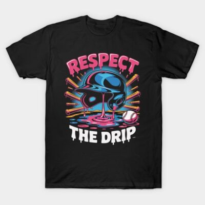 Black graphic t-shirt with "Respect the Drip" design, featuring a baseball helmet and bats, vibrant colors.