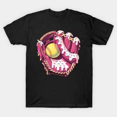 Black t-shirt with colorful baseball glove and ball design, featuring pink and white icing style graphics.