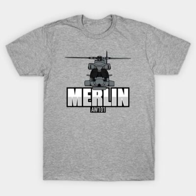 Gray T-shirt featuring a helicopter graphic with "Merlin AW101" text, perfect for aviation enthusiasts.