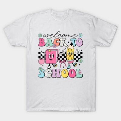 White "Back to School" T-shirt with colorful cartoon book and pencil design, perfect for school events or casual wear.