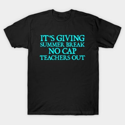 Black T-shirt with turquoise text print, casual summer style, cotton material, perfect for relaxed outings.