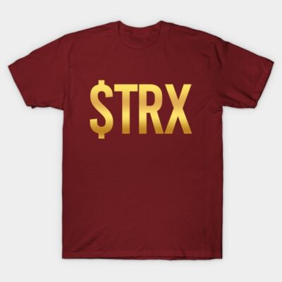 Maroon t-shirt with gold "$TRX" print, casual style, perfect for cryptocurrency enthusiasts, made from soft cotton.