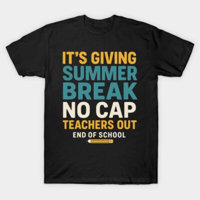 Black T-shirt with colorful "Summer Break No Cap" text, casual style, ideal for end-of-school celebrations.