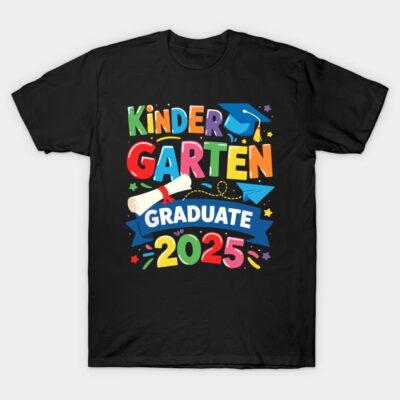 Black kindergarten graduation t-shirt with colorful text "Graduate 2025" and playful design elements.