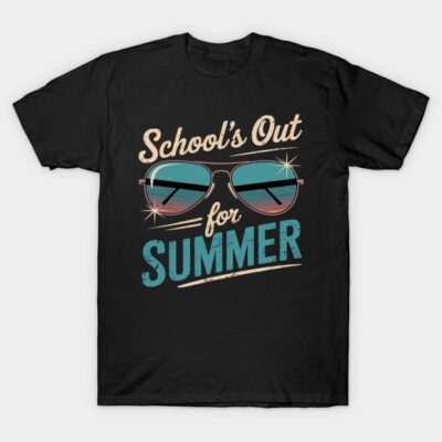 Black t-shirt with "School's Out for Summer" text and sunglasses graphic, casual summer clothing, cotton material.