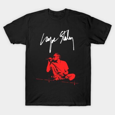 Black T-shirt with red graphic design and white script, casual style, soft cotton material, ideal for everyday wear.