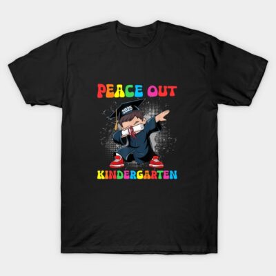 Black "Peace Out Kindergarten" T-shirt with colorful text, featuring a cartoon design. Ideal for graduation celebrations.