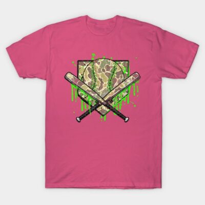 Pink baseball-themed T-shirt with crossed bats and camo print design, ideal for casual wear and sports fans.