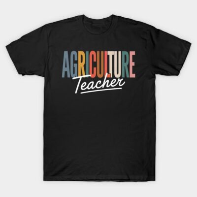 Black "Agriculture Teacher" T-shirt, colorful text design, casual style, ideal for educators, cotton material.