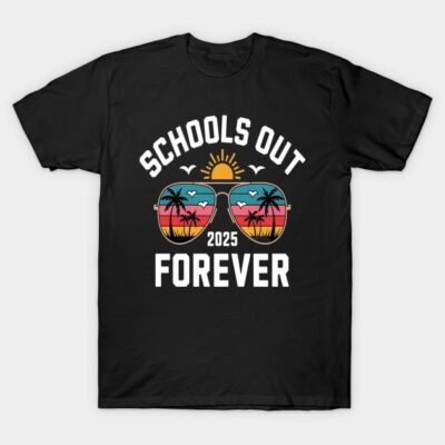 Black "Schools Out Forever 2025" T-shirt with colorful sunglasses design, ideal for casual wear or graduation gifts.