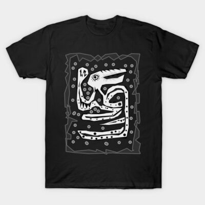 Black T-shirt with abstract white graphic design, unisex style, casual wear, comfortable cotton material.