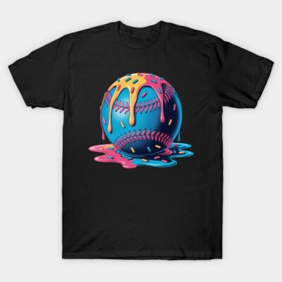 Black T-shirt with colorful melting baseball design, casual wear, cotton material, vibrant sports-themed print.