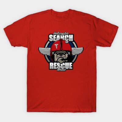Red t-shirt featuring helicopter search and rescue graphic with winged helmet design, ideal for casual wear.