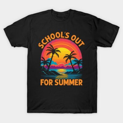 Black summer t-shirt with "School's Out for Summer" text and colorful sunset palm tree graphic design.