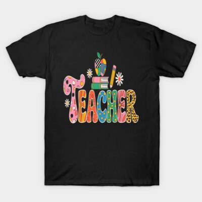 Black t-shirt with colorful "Teacher" text, featuring playful patterns, perfect for educators. Cotton material, casual style.