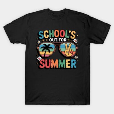 Black "School's Out for Summer" graphic t-shirt with colorful text and sunglasses design, perfect for casual wear.