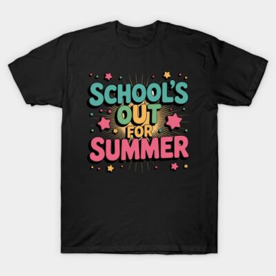 Black t-shirt with colorful "School's Out for Summer" graphic print, casual style, 100% cotton.