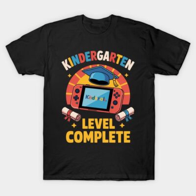 Black T-shirt with "Kindergarten Level Complete" gaming design, featuring game console and graduation cap, ideal for kids.