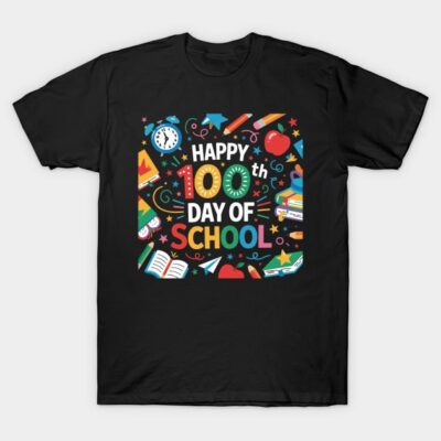 Black "Happy 100th Day of School" T-shirt with colorful school-themed graphics, perfect for classroom celebrations.