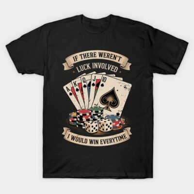 Black t-shirt with poker-themed design featuring cards, chips, and dice. Ideal for casino enthusiasts. Cotton material.