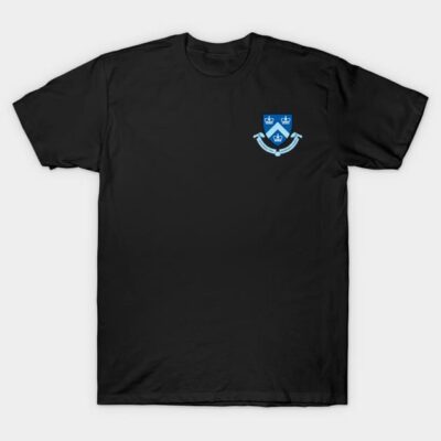 Black cotton t-shirt with blue crest design, casual style, perfect for everyday wear.