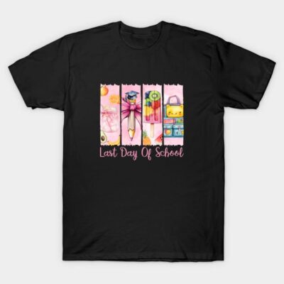 Black t-shirt with "Last Day of School" design, colorful graphic elements, casual wear, cotton material.