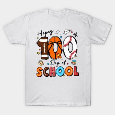 White "100th Day of School" t-shirt with colorful sports-themed design, ideal for school celebrations.