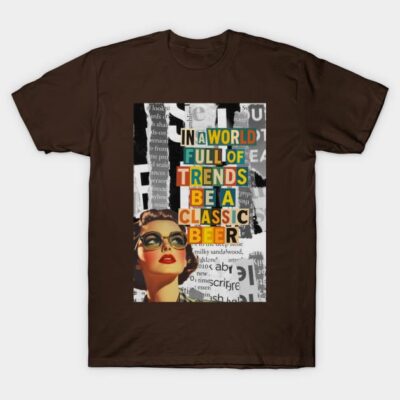 Brown T-shirt featuring a retro graphic design and colorful text, perfect for casual wear and self-expression.