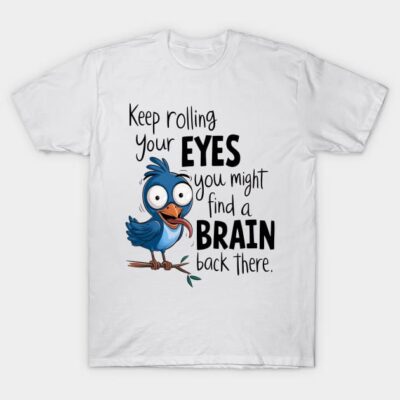 White T-shirt with humorous blue cartoon bird and text design, casual unisex style, cotton fabric.