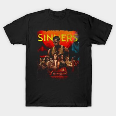 Black graphic t-shirt with bold "Sinners" print, featuring vibrant red and yellow design, casual wear cotton material.