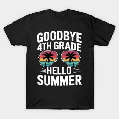 Black "Goodbye 4th Grade Hello Summer" t-shirt with colorful sunglasses graphic, perfect for end-of-school celebrations.