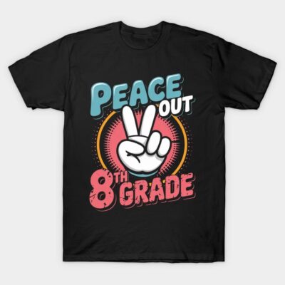 "Black t-shirt with 'Peace Out 8th Grade' graphic, colorful retro design, casual wear, 100% cotton."