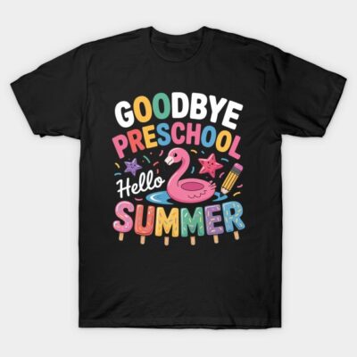 Black t-shirt with colorful "Goodbye Preschool Hello Summer" flamingo design, perfect for kids' summer wear.