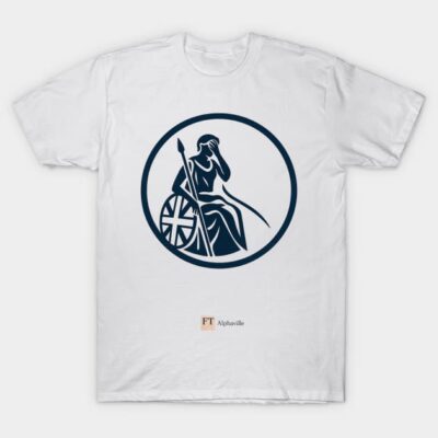 White t-shirt with a navy graphic design, featuring a seated figure with a staff and wheel, ideal for casual wear.