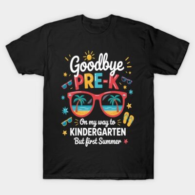 Black t-shirt with colorful "Goodbye Pre-K, Hello Kindergarten" summer design featuring sunglasses and palm trees.