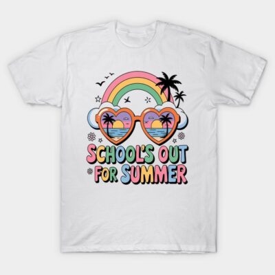 White t-shirt with colorful "School's Out For Summer" design, featuring rainbow, sunglasses, and palm trees, casual wear.