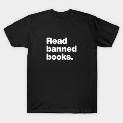 Black t-shirt with "Read banned books" text, casual style, 100% cotton, unisex fit, ideal for book lovers.