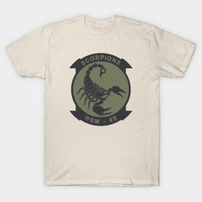 Beige T-shirt with black scorpion graphic and "Scorpions HSM-49" text, casual style, cotton material.
