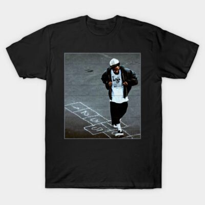 Black cotton t-shirt featuring a street art hopscotch design, casual wear, unisex.